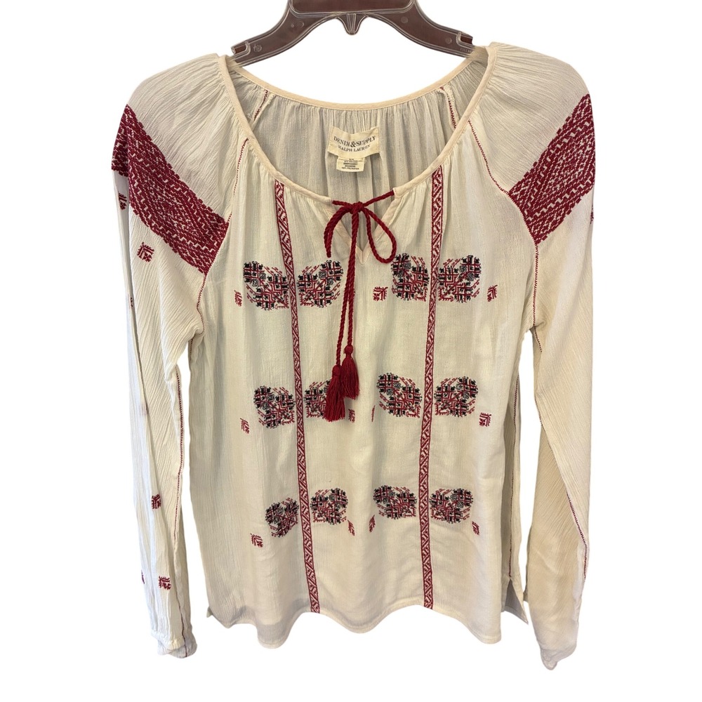 Denim & Supply Ralph Lauren Blouse Womens Small White Red Embroidered Boho Top